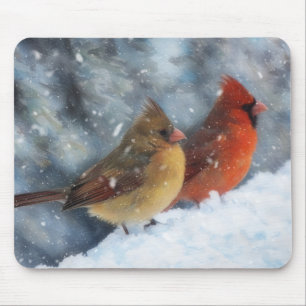 Pair of Cardinal Birds Couple Winter Art Mousepad