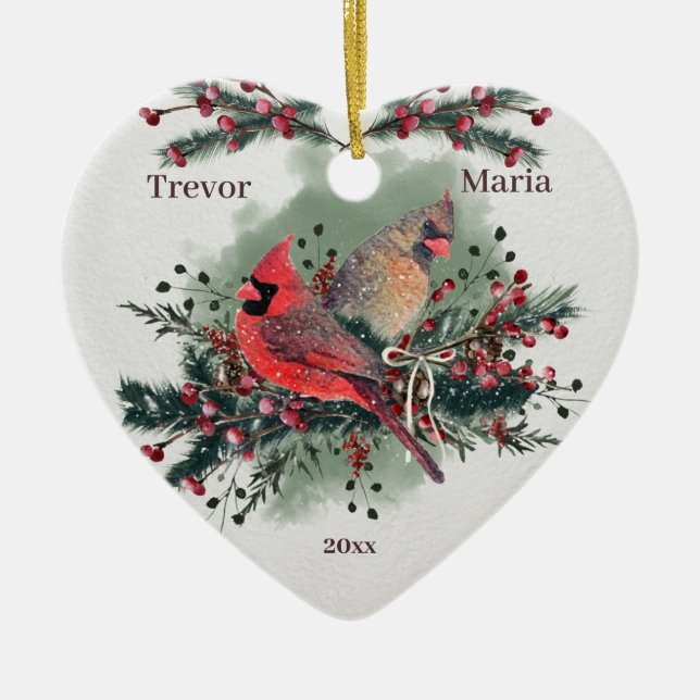 Pair of Cardinals 1st Christmas Together Ceramic Ornament (Front)