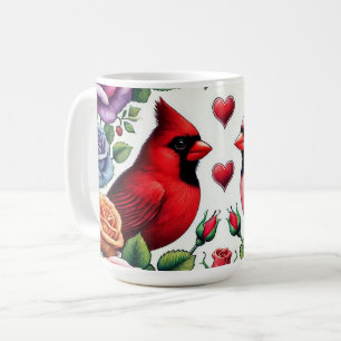 Pair of Cardinals Amid Vibrant Roses Coffee Mug