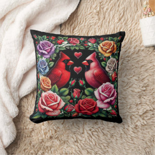 Pair of Cardinals Amid Vibrant Roses Cushion