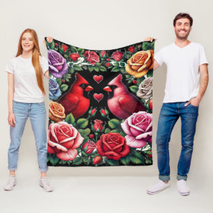 Pair of Cardinals Amid Vibrant Roses Fleece Blanket