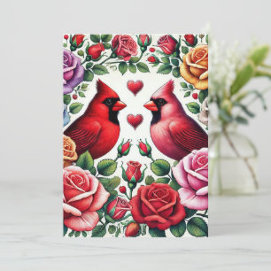 Pair of Cardinals Amid Vibrant Roses Holiday Card