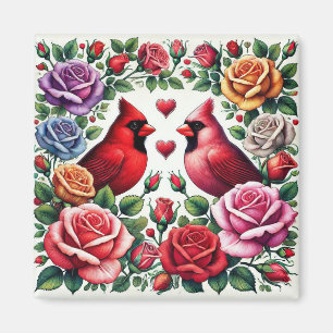 Pair of Cardinals Amid Vibrant Roses Magnet