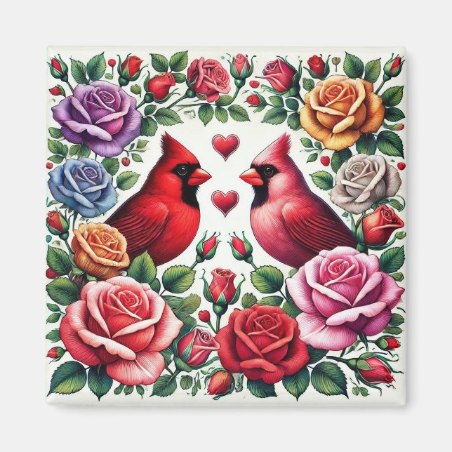 Pair of Cardinals Amid Vibrant Roses Magnet (Front)