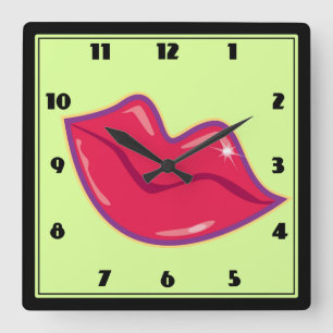 Pair of Cherry Red Lips Square Wall Clock