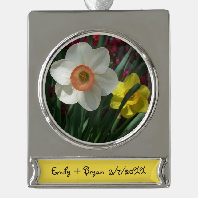 Pair of Daffodils Pink and Yellow Spring Flowers Silver Plated Banner Ornament (Front)