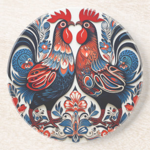 Pair of Dala Style Roosters Coaster