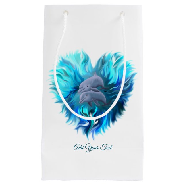 Pair of dolphins , Dolphin Heart , Add Your Text Small Gift Bag (Front)