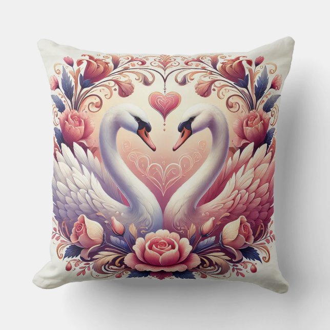 Pair of Elegant Swans Framed by Roses Cushion (Front)