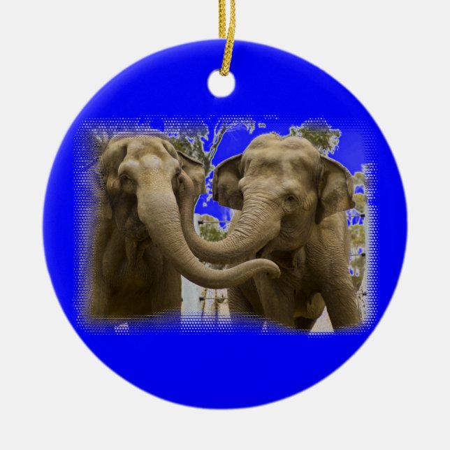 Pair of Elephants Blue Ceramic Tree Decoration (Front)