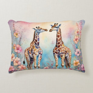 Pair of Giraffes In a Pastel Garden Decorative Cushion