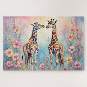 Pair of Giraffes In a Pastel Garden Jigsaw Puzzle