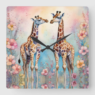 Pair of Giraffes In a Pastel Garden Square Wall Clock