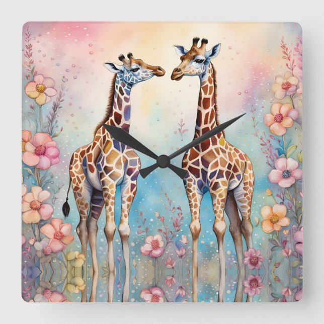 Pair of Giraffes In a Pastel Garden Square Wall Clock (Front)
