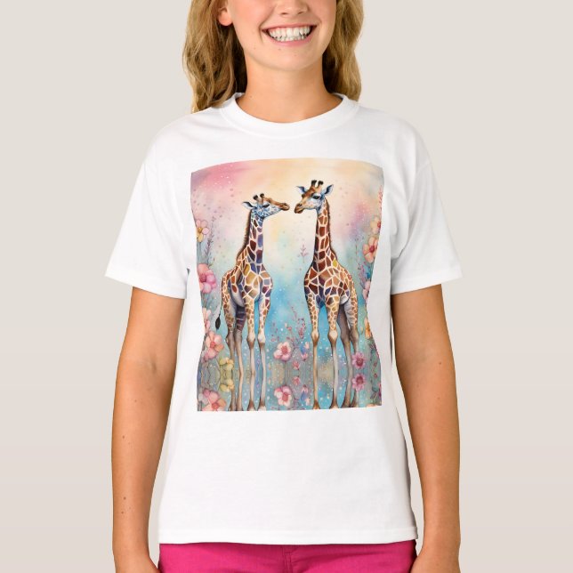 Pair of Giraffes In a Pastel Garden T-Shirt (Front)