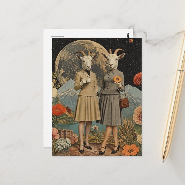 pair of goat ladies Surreal breakfast collage Postcard (Front/Back In Situ)