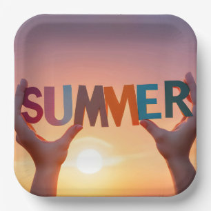 Pair of Hands Holding Summer Text  Paper Plate