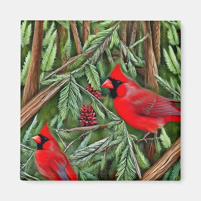 Pair of Majestic Wild Red Cardinals Magnet (Front)