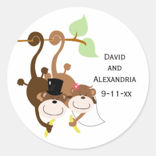Pair of Monkeys in a Tree Wedding Bridal Favour Classic Round Sticker
