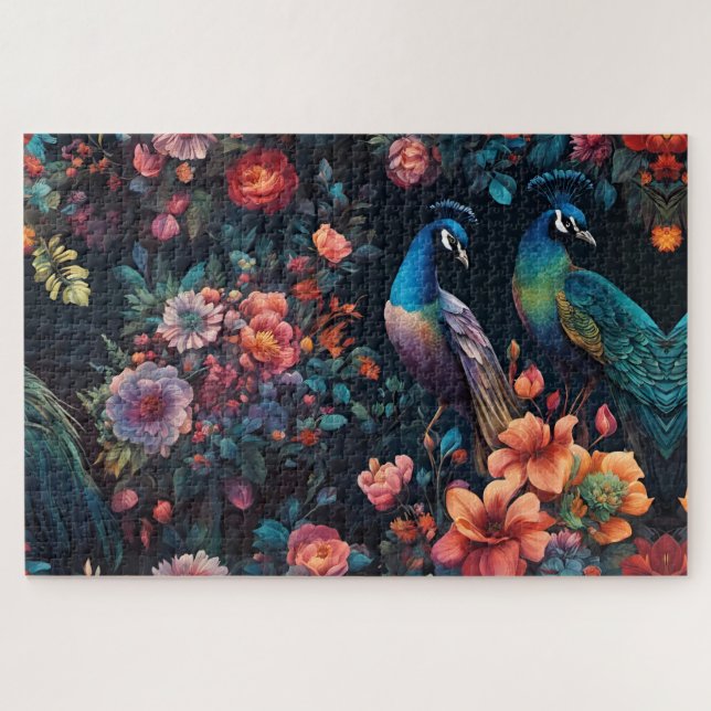 Pair of Peacocks In a Colourful Garden Jigsaw Puzzle (Horizontal)