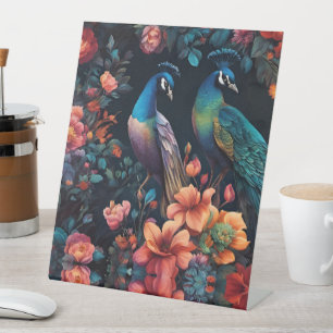 Pair of Peacocks In a Colourful Garden Pedestal Sign