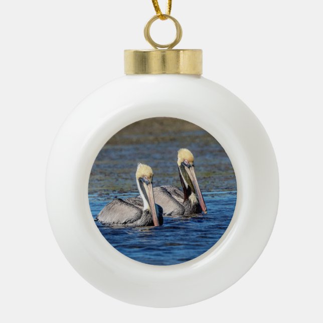 Pair of Pelicans Ceramic Ball Christmas Ornament (Front)