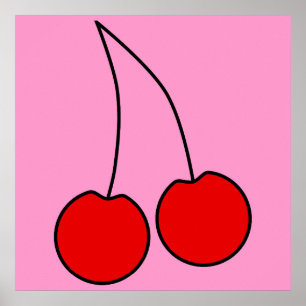 Pair of Red Cherries. Black Outline. Poster