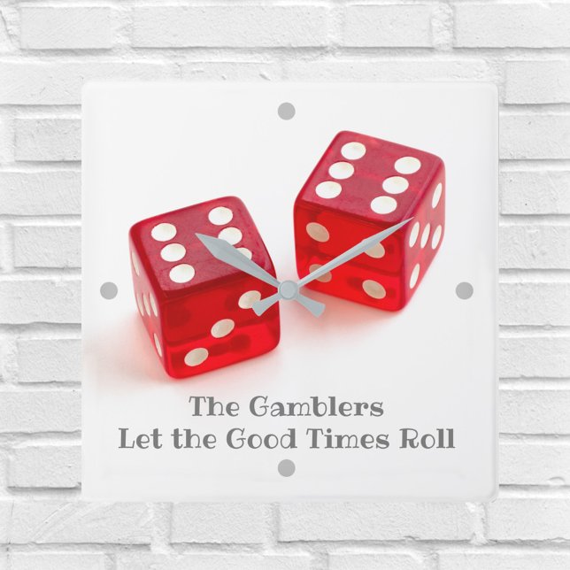 Pair of Red Dice Game Room Name Square Wall Clock (Creator Uploaded)