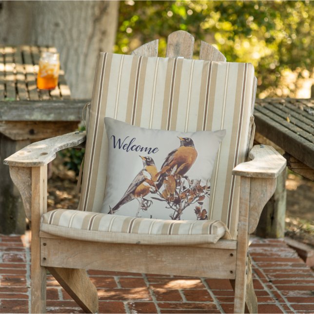 "Pair of Robins" Welcome Throw Pillow (Chair)