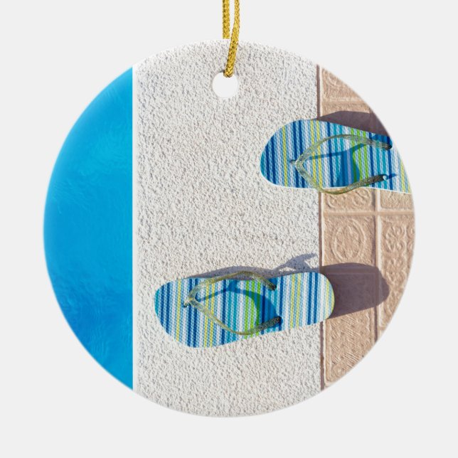 Pair of slippers at edge of swimming pool ceramic tree decoration (Front)