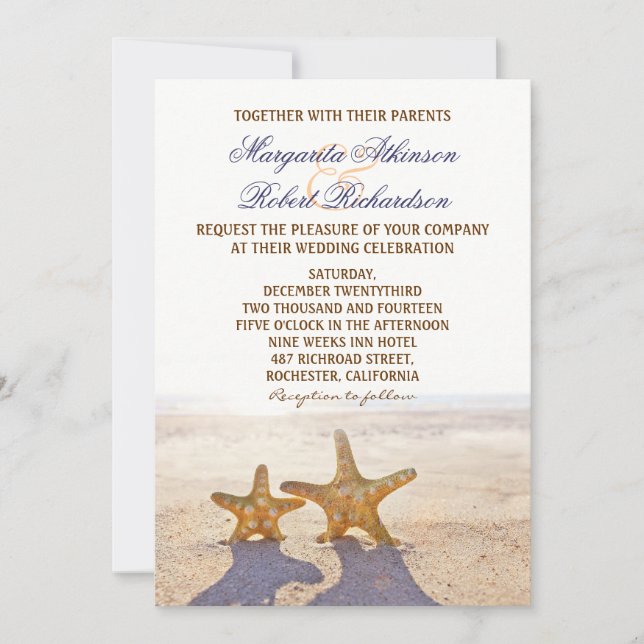 pair of starfish beach wedding invitations (Front)