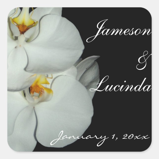Pair of White Orchids Personalised Wedding Square Sticker (Front)