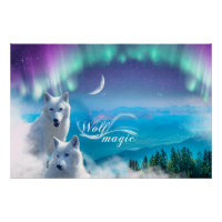 Pair of white wolves with northern lights