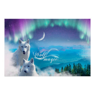 Pair of white wolves with northern lights poster