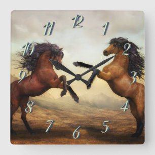 pair of wild horses square wall clock