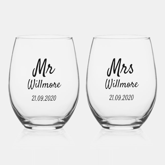 Pair of Wine Glasses - Mr & Mrs Willmore Design (Front)