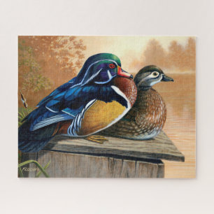 Pair of Wood Ducks On Nesting Box Acrylic Painting Jigsaw Puzzle