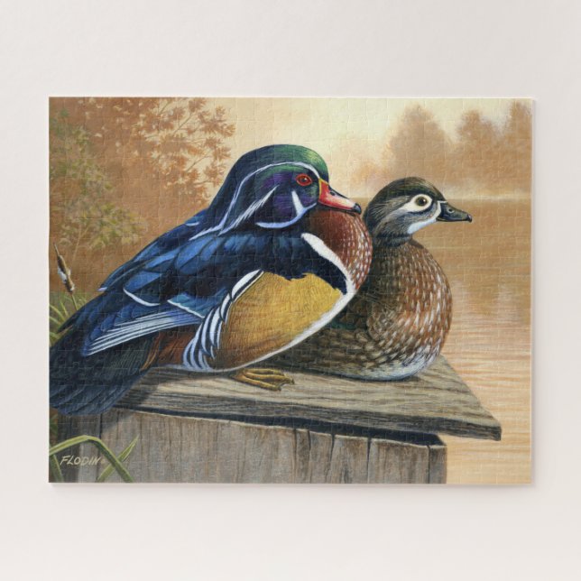 Pair of Wood Ducks On Nesting Box Acrylic Painting Jigsaw Puzzle (Horizontal)