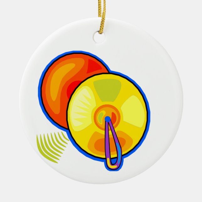 Pair of yellow cymbals outlined in blue graphic ceramic ornament (Front)