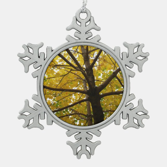 Pair of Yellow Maple Trees Autumn Nature Snowflake Pewter Christmas Ornament (Front)