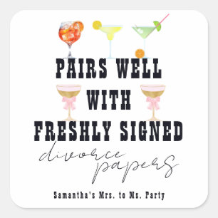 Pairs Well Divorce Papers Cocktail Brunch Party Square Sticker