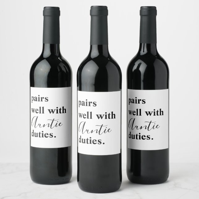 Pairs Well With Auntie Duties Baby Announcement Wine Label (Bottles)
