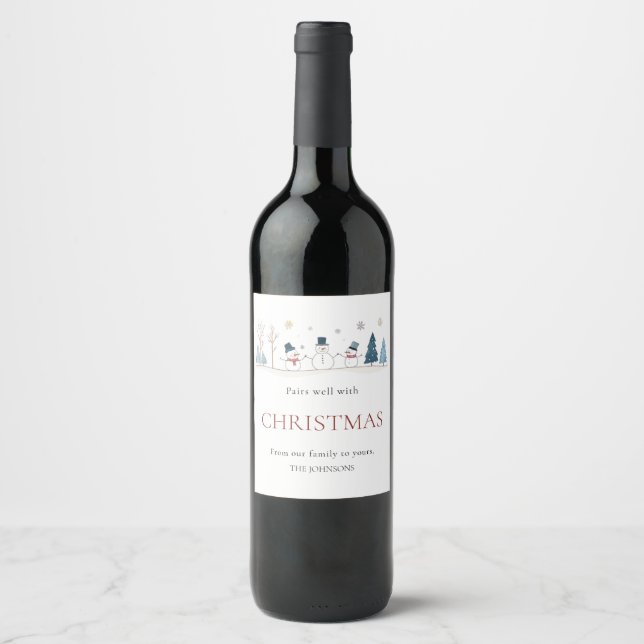 Pairs Well With Christmas Snowmen Festive Wine Label (Front)