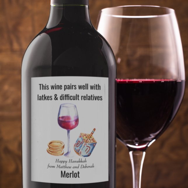 Pairs well with Latkes Hanukkah Funny Gift Wine Wine Label (Creator Uploaded)