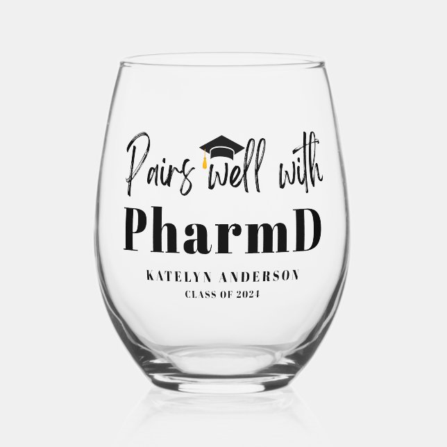 Pairs Well with PharmD Personalised Graduation Stemless Wine Glass (Front)