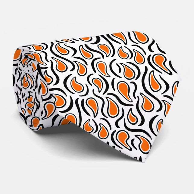 Paisley Abstract 230523 - Orange, Black and White Tie (Rolled)