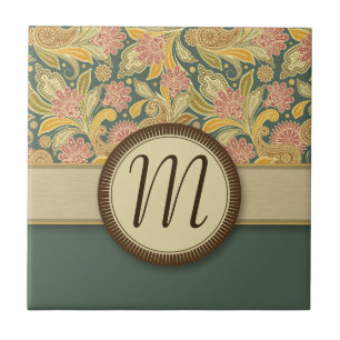 Paisley and Fan Flowers with Monogram Ceramic Tile