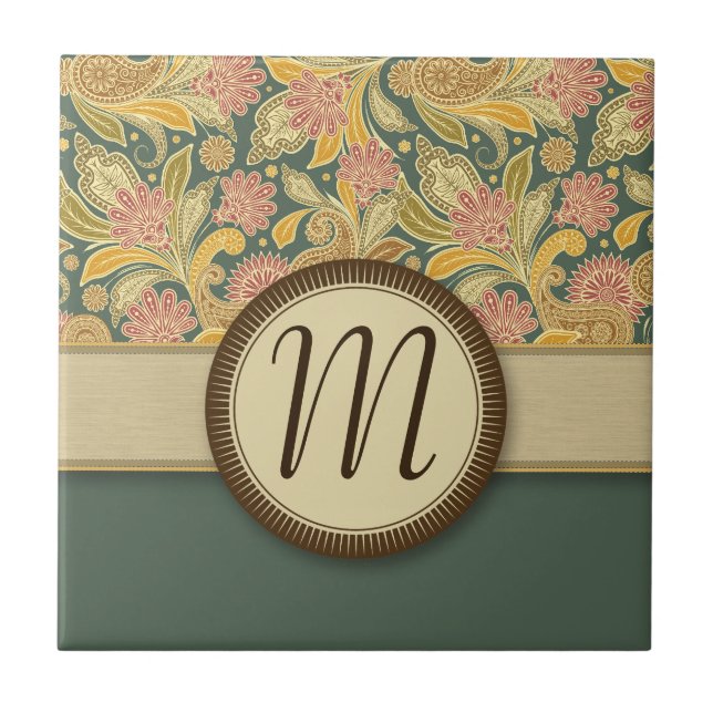 Paisley and Fan Flowers with Monogram Ceramic Tile (Front)