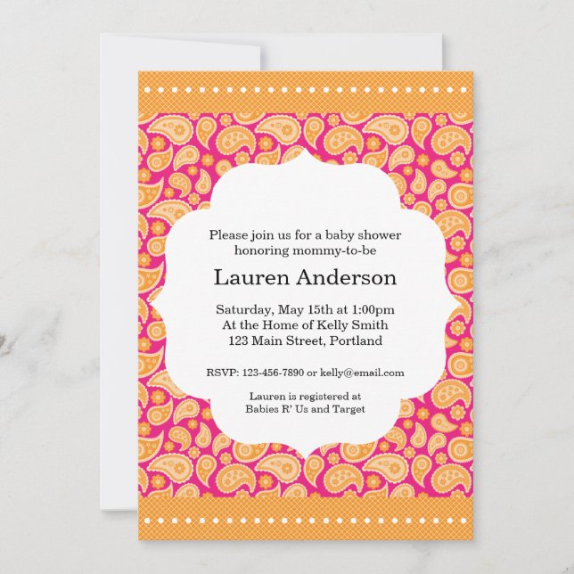 Paisley Baby Shower Invitation - Orange (Front)