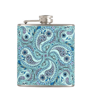 Paisley birds in baby blue hip flask